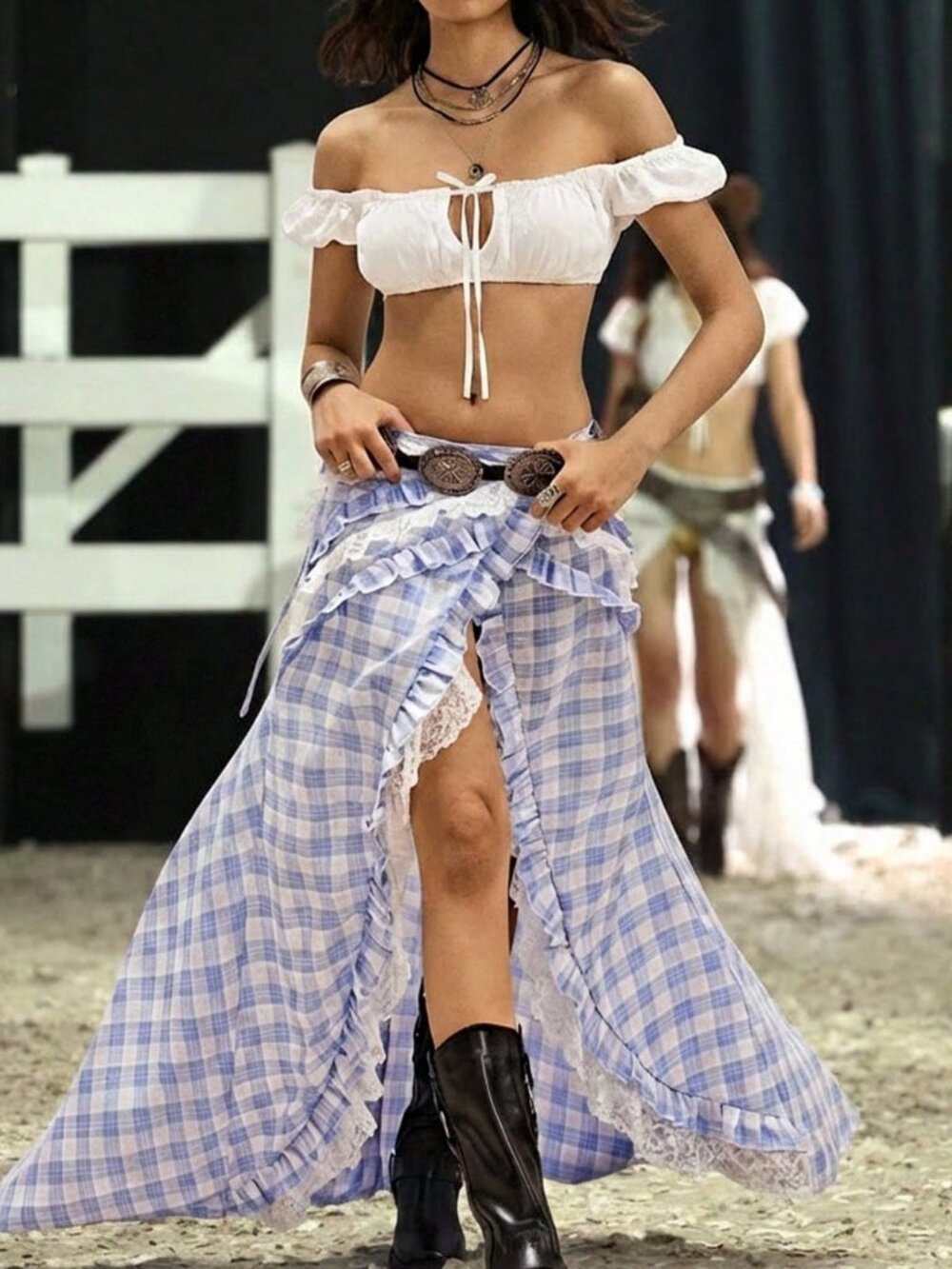 Blue Boho Women's Lace Patchwork High-Low Flowy Music Festival Sexy Skirt - Picture 3 of 5